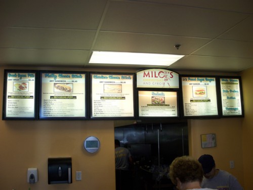 milo's greek food menu board